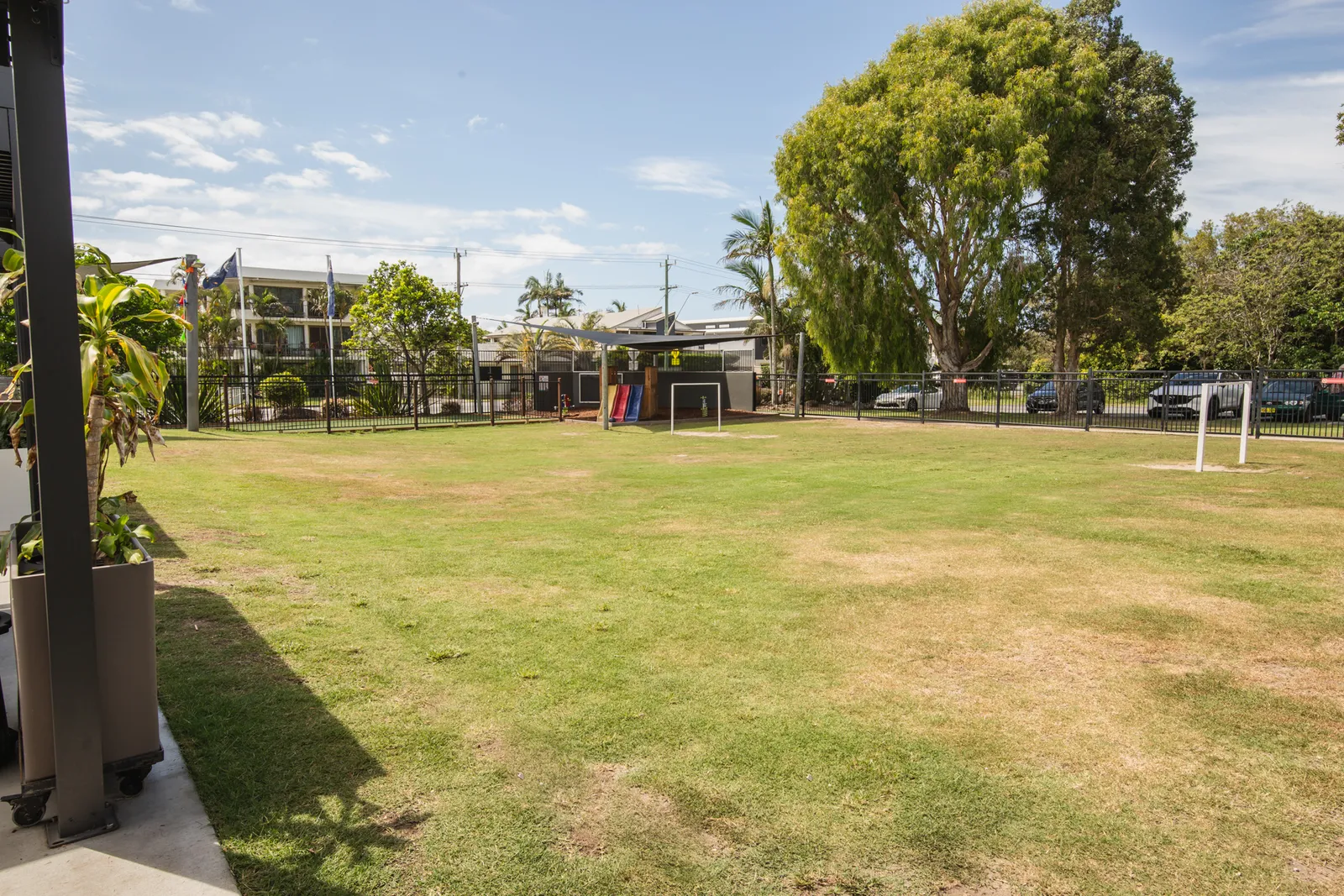 The lawn area with gazebos and shade, ready for a function